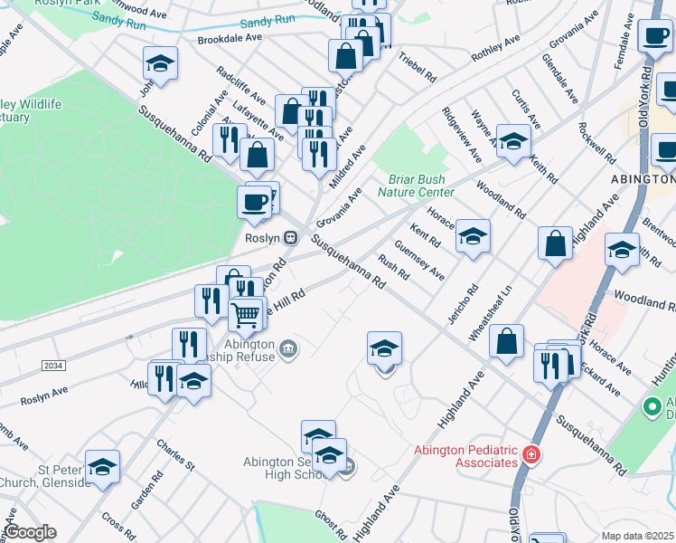 map of restaurants, bars, coffee shops, grocery stores, and more near 1086 Edge Hill Road in Abington