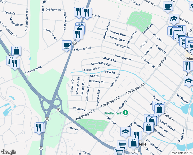 map of restaurants, bars, coffee shops, grocery stores, and more near 1203 Bayberry Road in Manasquan
