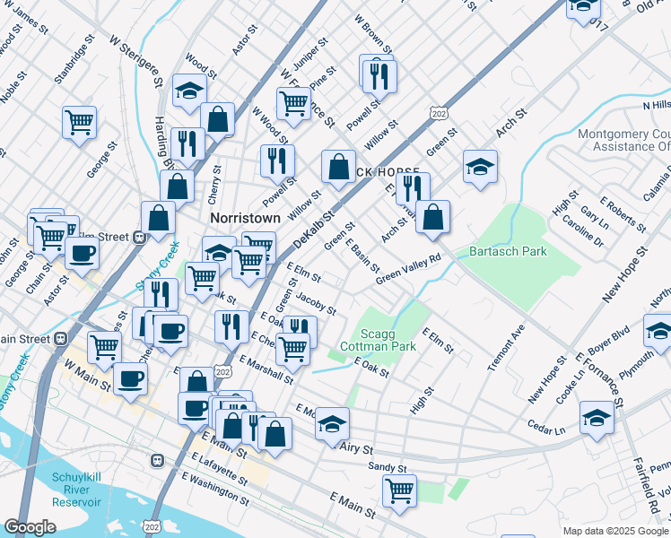map of restaurants, bars, coffee shops, grocery stores, and more near 222 East Spruce Street in Norristown