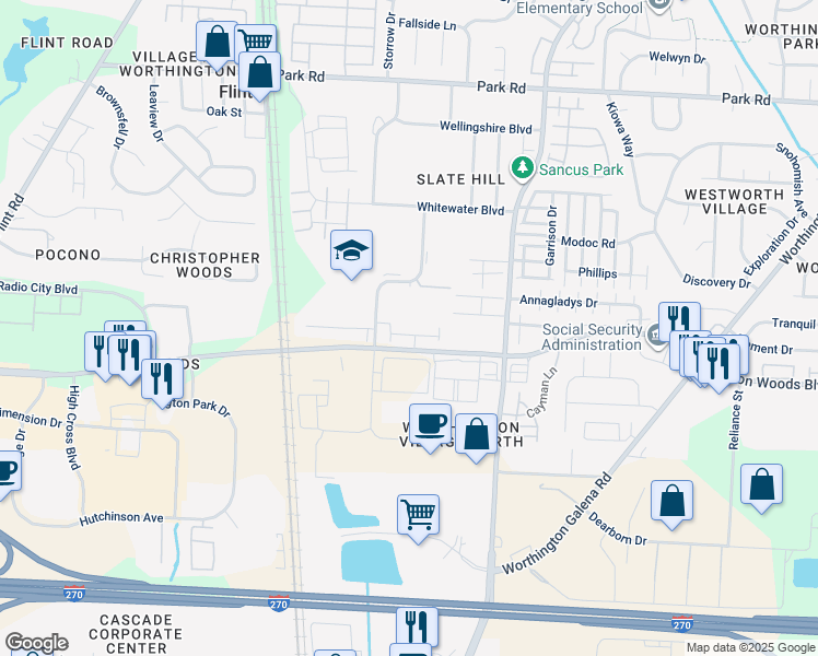 map of restaurants, bars, coffee shops, grocery stores, and more near 570-606 Worthington Woods Boulevard in Columbus