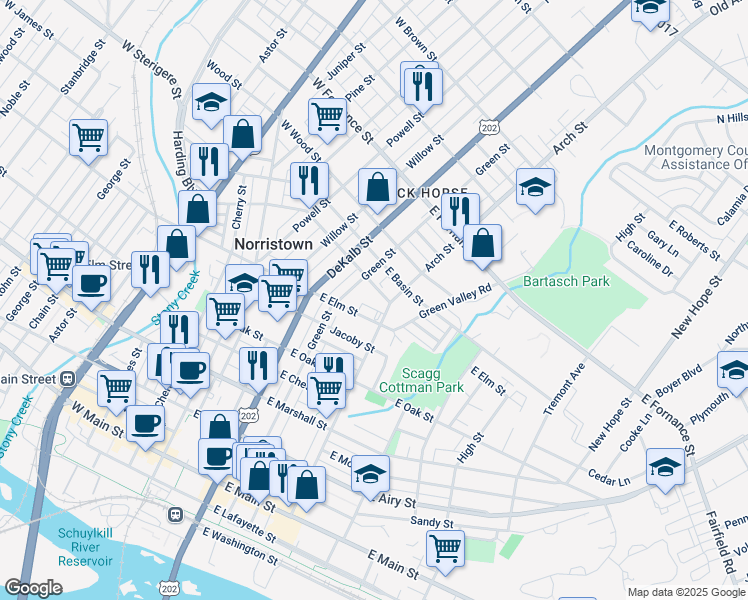 map of restaurants, bars, coffee shops, grocery stores, and more near 222 East Spruce Street in Norristown