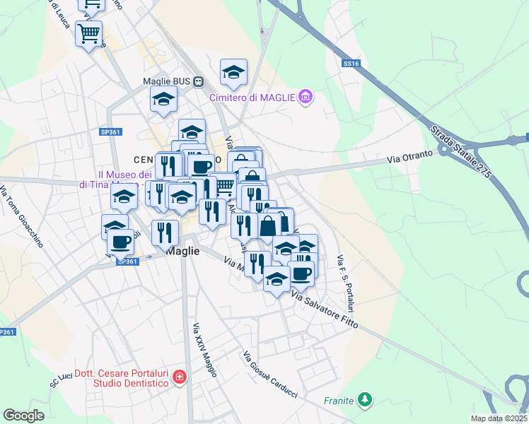 map of restaurants, bars, coffee shops, grocery stores, and more near 131 Via Cesare Battisti in Maglie