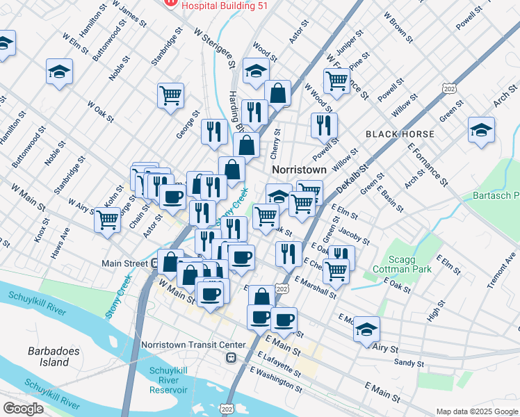 map of restaurants, bars, coffee shops, grocery stores, and more near 822 Cherry Street in Norristown