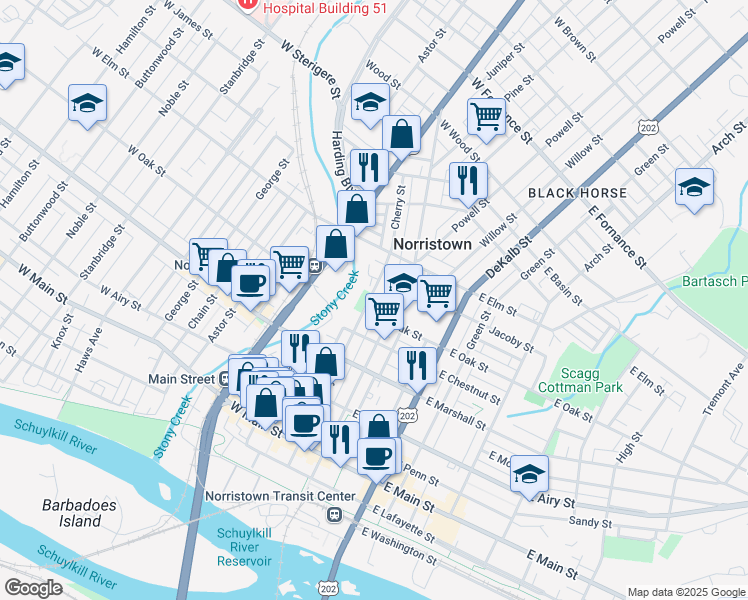 map of restaurants, bars, coffee shops, grocery stores, and more near 822 Cherry Street in Norristown