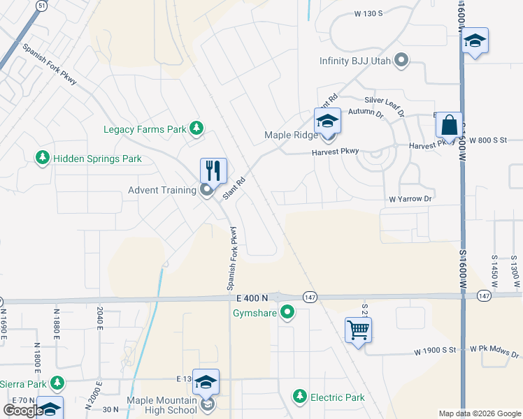 map of restaurants, bars, coffee shops, grocery stores, and more near 768 North Old Fort Drive in Spanish Fork