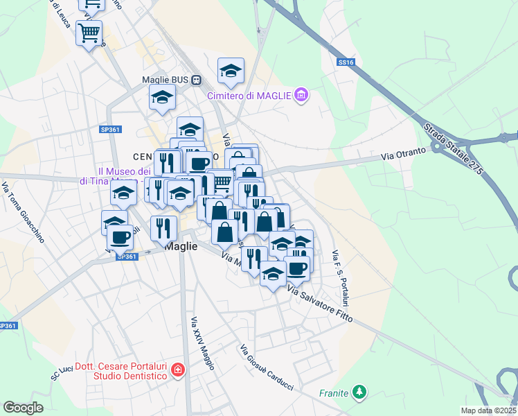 map of restaurants, bars, coffee shops, grocery stores, and more near 87 Via Dante Alighieri in Maglie