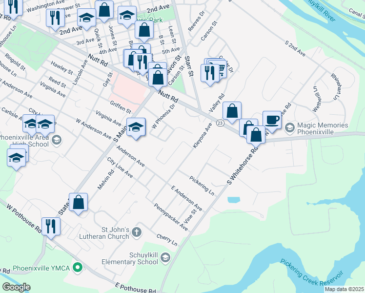 map of restaurants, bars, coffee shops, grocery stores, and more near 1 Kenalcon Drive in Phoenixville