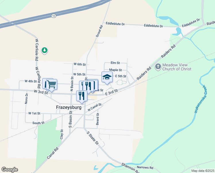 map of restaurants, bars, coffee shops, grocery stores, and more near 120 East 3rd Street in Frazeysburg