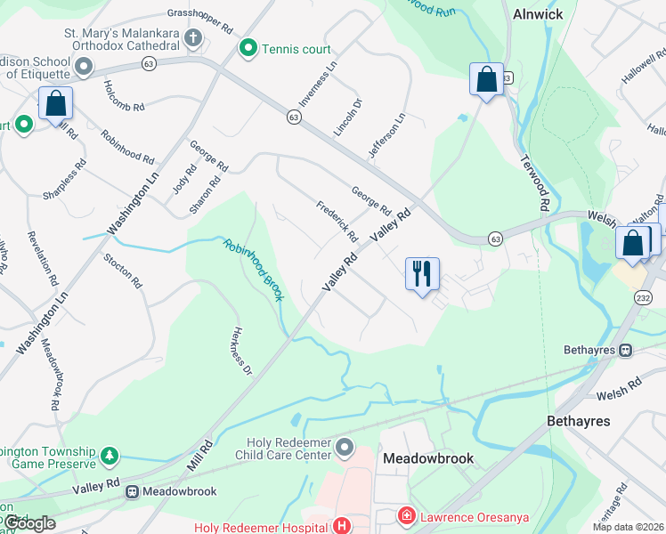 map of restaurants, bars, coffee shops, grocery stores, and more near 989 Springhouse Road in Meadowbrook