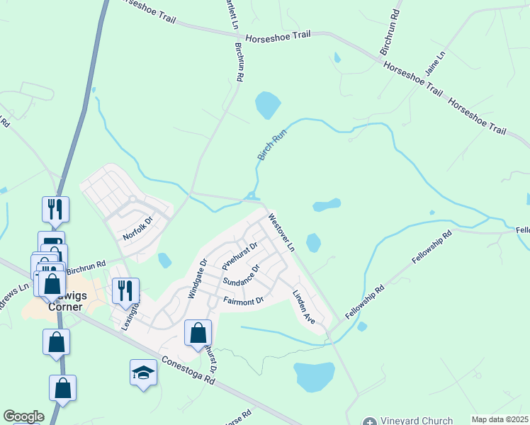map of restaurants, bars, coffee shops, grocery stores, and more near 100 Windgate Drive in Chester Springs