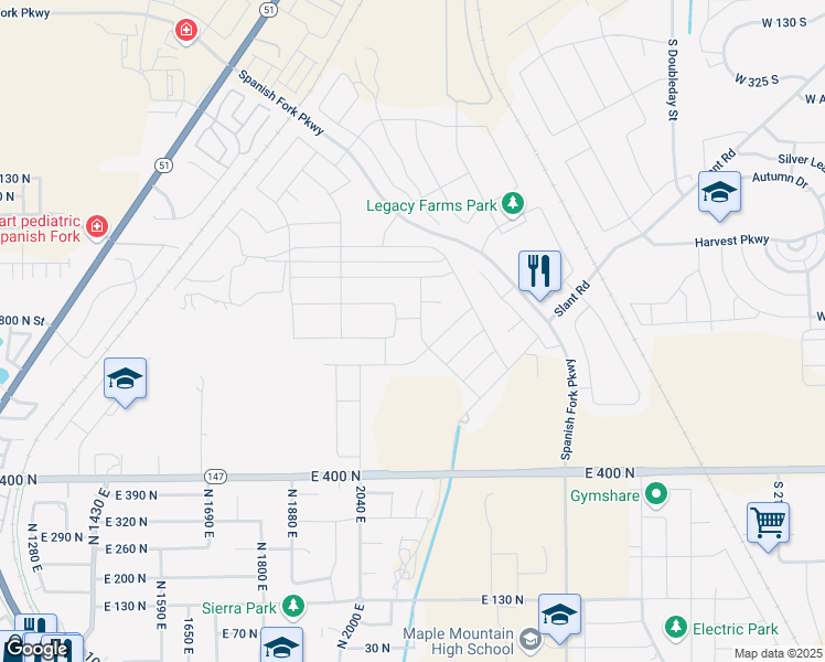 map of restaurants, bars, coffee shops, grocery stores, and more near 2163 East 700 North in Spanish Fork