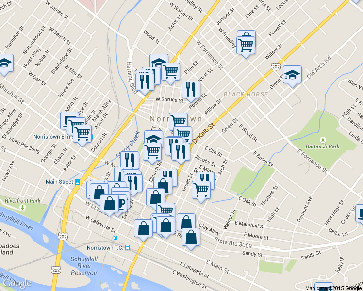 map of restaurants, bars, coffee shops, grocery stores, and more near 827 U.S. 202 in Norristown