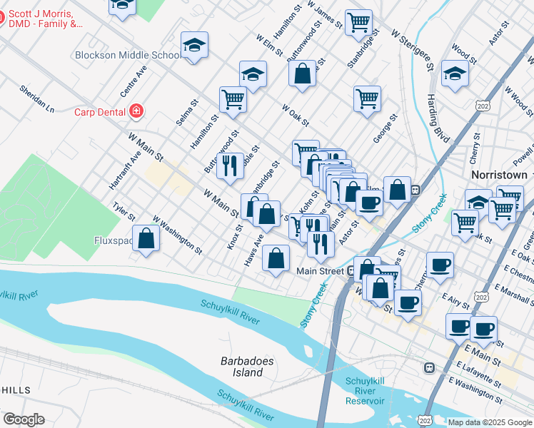 map of restaurants, bars, coffee shops, grocery stores, and more near in Norristown