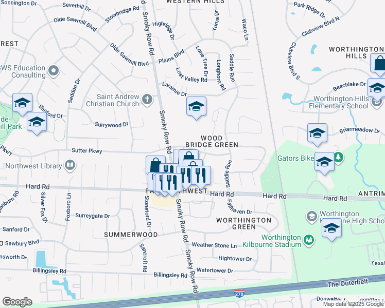 map of restaurants, bars, coffee shops, grocery stores, and more near 7915 Verandah Court in Columbus
