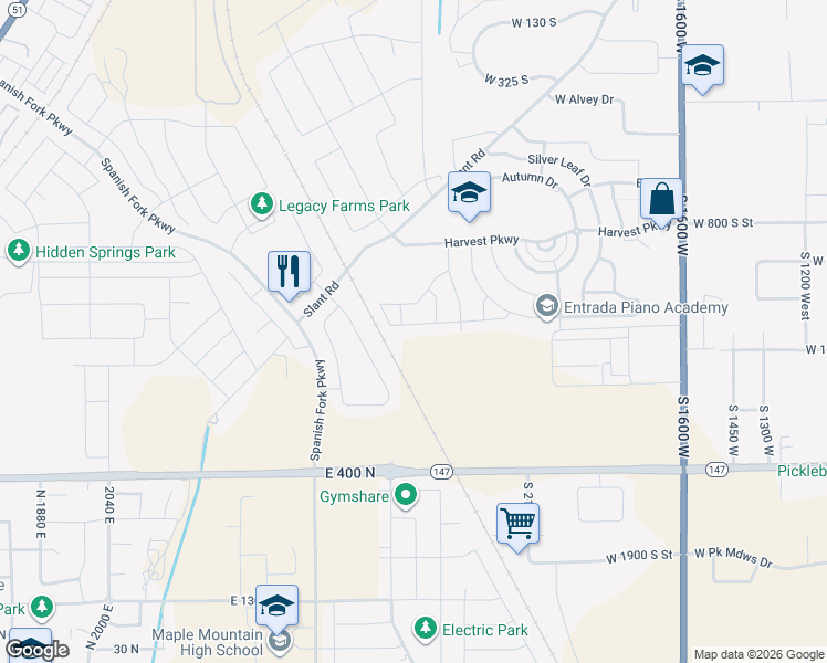 map of restaurants, bars, coffee shops, grocery stores, and more near 2485 Wysteria Drive in Mapleton