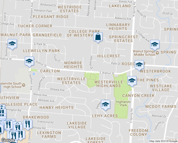 map of restaurants, bars, coffee shops, grocery stores, and more near 512 East Walnut Street in Westerville