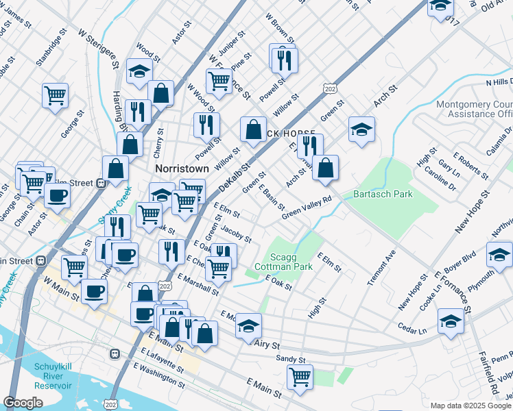 map of restaurants, bars, coffee shops, grocery stores, and more near 226 East Spruce Street in Norristown