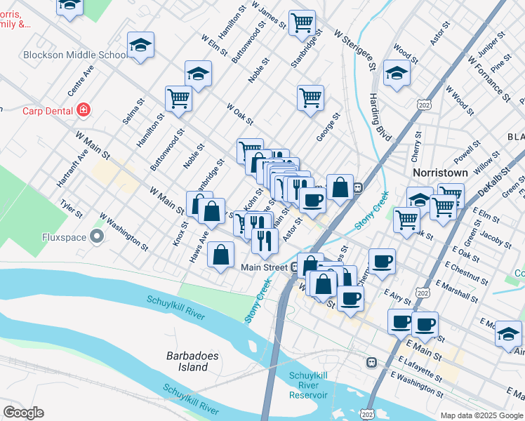 map of restaurants, bars, coffee shops, grocery stores, and more near 527 George Street in Norristown
