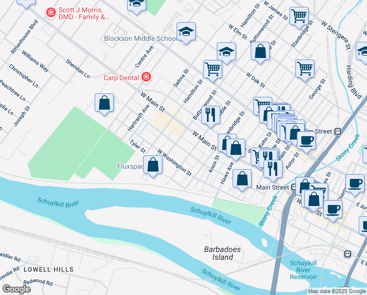 map of restaurants, bars, coffee shops, grocery stores, and more near 1009 West Lafayette Street in Norristown