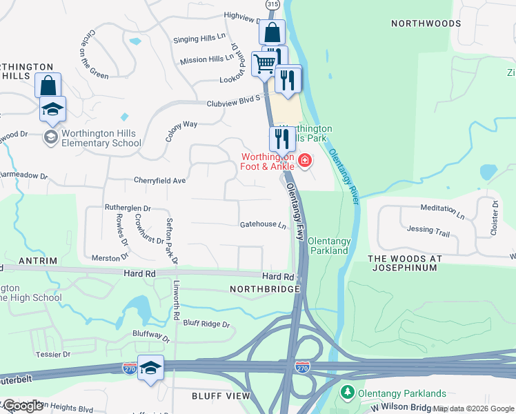 map of restaurants, bars, coffee shops, grocery stores, and more near 730 Gatehouse Lane in Columbus
