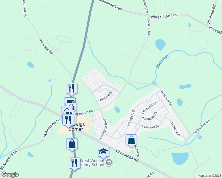 map of restaurants, bars, coffee shops, grocery stores, and more near 713 Sun Valley Court in Chester Springs