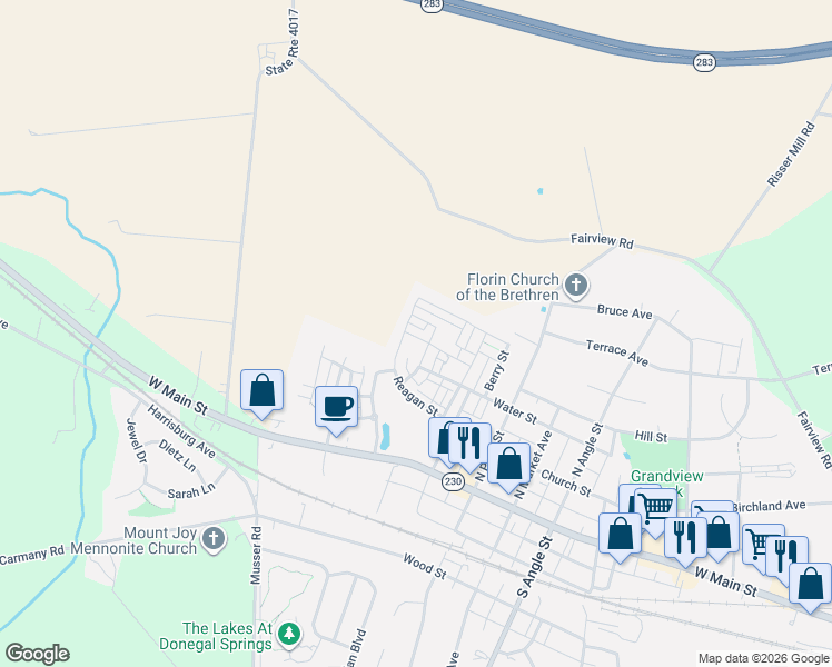 map of restaurants, bars, coffee shops, grocery stores, and more near 301 Alden Street in Mount Joy