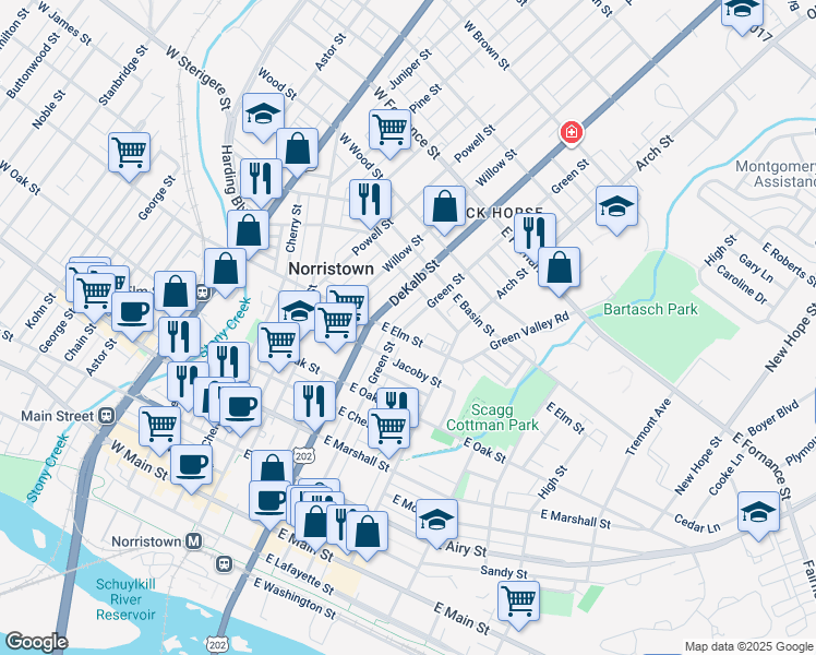 map of restaurants, bars, coffee shops, grocery stores, and more near 1012 Green Street in Norristown