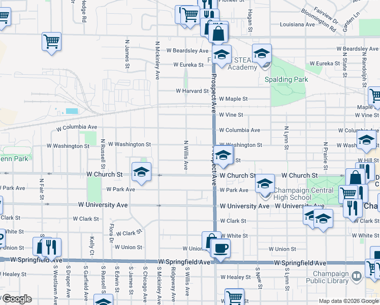 map of restaurants, bars, coffee shops, grocery stores, and more near 406 North Willis Avenue in Champaign