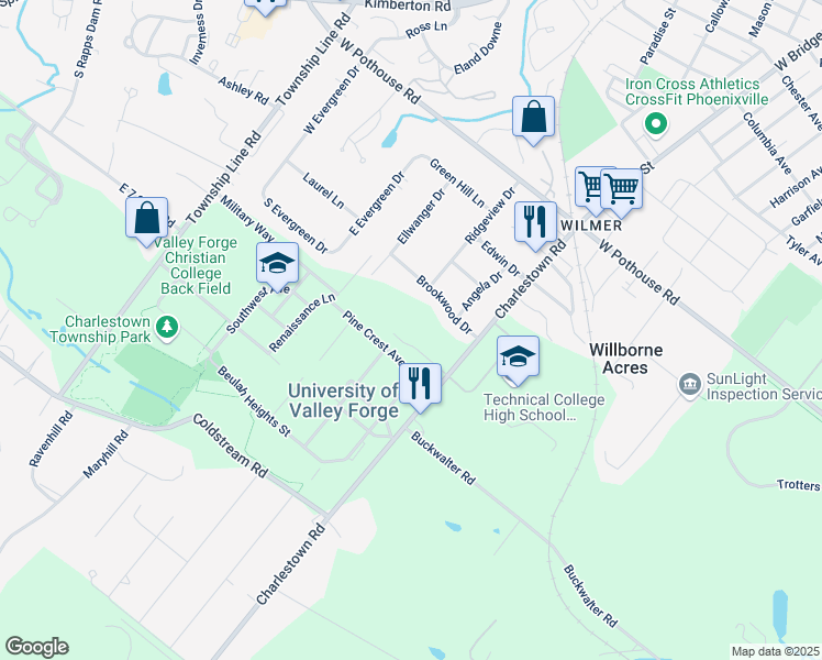 map of restaurants, bars, coffee shops, grocery stores, and more near 100 Liberty House Lane in Phoenixville