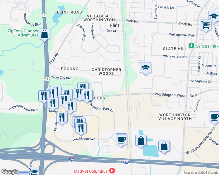 map of restaurants, bars, coffee shops, grocery stores, and more near 400 East Campus View Boulevard in Columbus