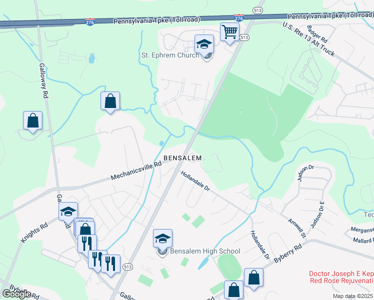map of restaurants, bars, coffee shops, grocery stores, and more near 4930 Hulmeville Road in Bensalem