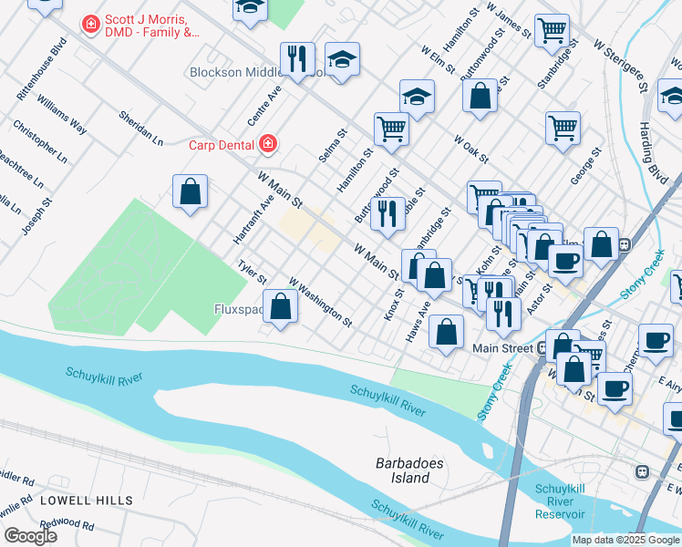 map of restaurants, bars, coffee shops, grocery stores, and more near 1005 West Lafayette Street in Norristown