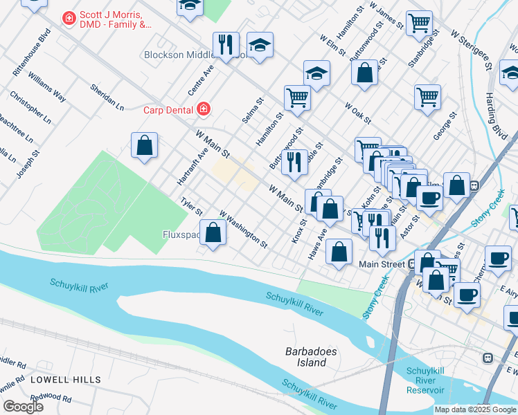 map of restaurants, bars, coffee shops, grocery stores, and more near 1005 West Lafayette Street in Norristown