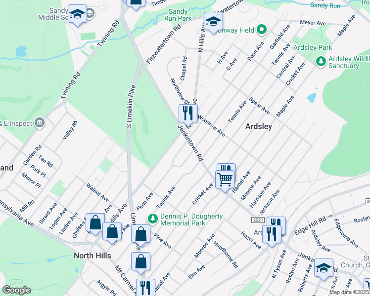 map of restaurants, bars, coffee shops, grocery stores, and more near 539 Penn Avenue in Glenside