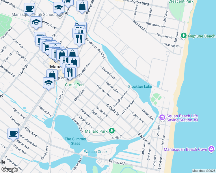 map of restaurants, bars, coffee shops, grocery stores, and more near 79 Cowart Avenue in Manasquan