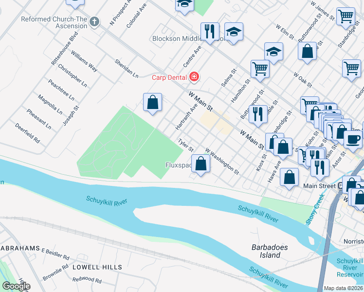 map of restaurants, bars, coffee shops, grocery stores, and more near 28 Taubel Alley in Norristown