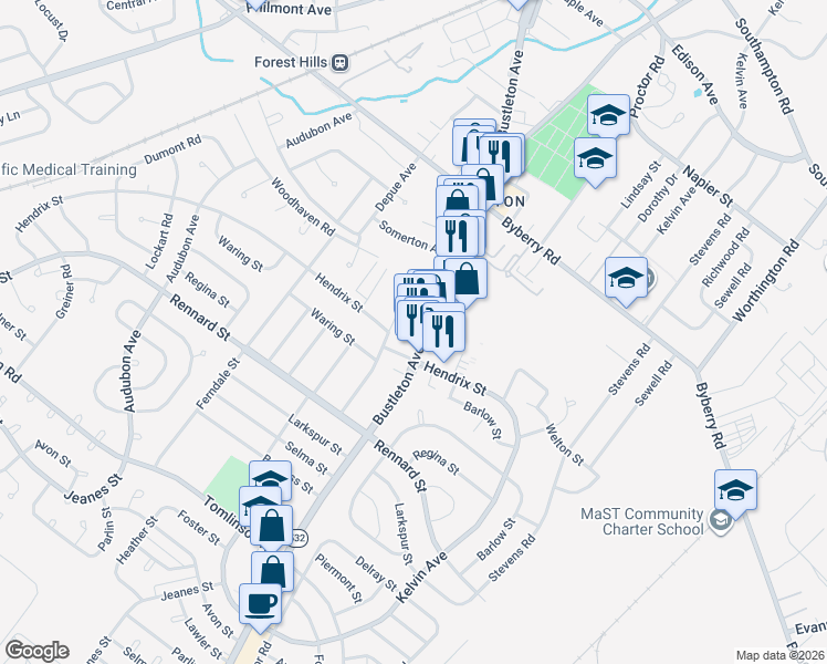 map of restaurants, bars, coffee shops, grocery stores, and more near 11726 Bustleton Avenue in Philadelphia