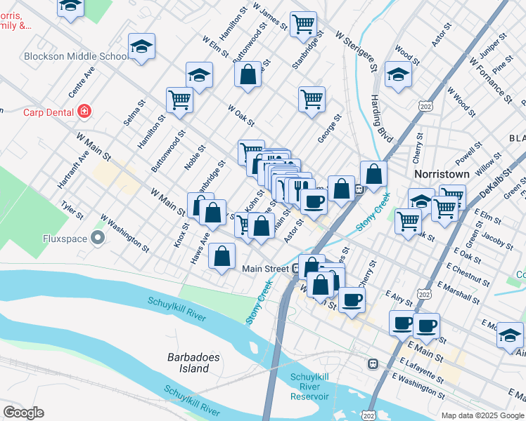 map of restaurants, bars, coffee shops, grocery stores, and more near 527 George Street in Norristown