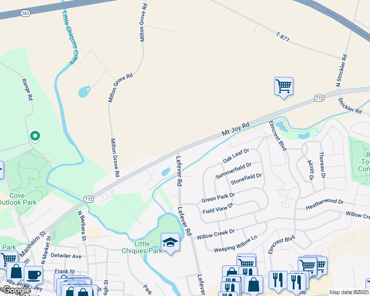map of restaurants, bars, coffee shops, grocery stores, and more near 3570 Mount Joy-Manheim Road in Mount Joy