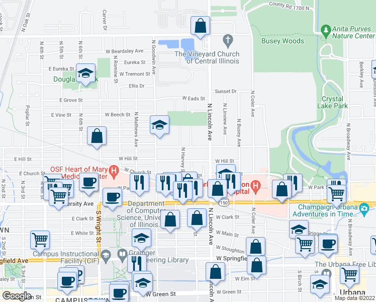 map of restaurants, bars, coffee shops, grocery stores, and more near 1007 Fairview Ave in Urbana
