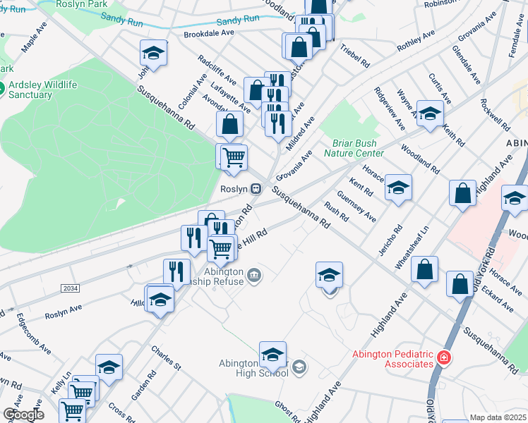map of restaurants, bars, coffee shops, grocery stores, and more near in Abington