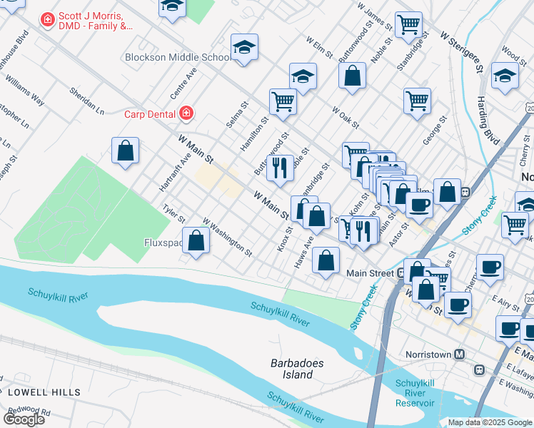 map of restaurants, bars, coffee shops, grocery stores, and more near 1003 West Main Street in Norristown