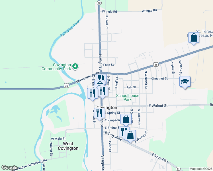 map of restaurants, bars, coffee shops, grocery stores, and more near 175 North Pearl Street in Covington