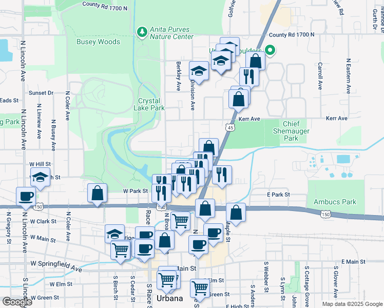 map of restaurants, bars, coffee shops, grocery stores, and more near 825 North Division Avenue in Urbana