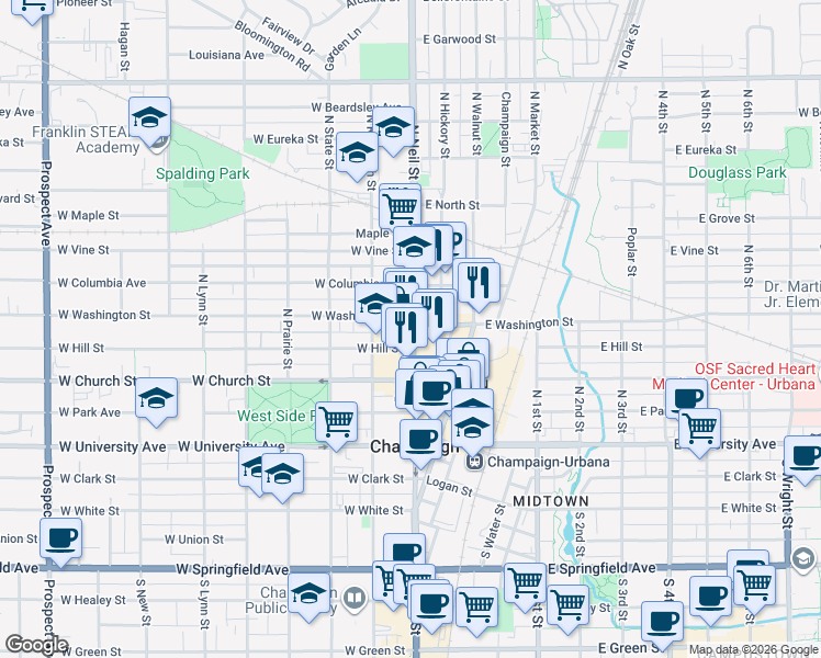 map of restaurants, bars, coffee shops, grocery stores, and more near 518 North Neil Street in Champaign
