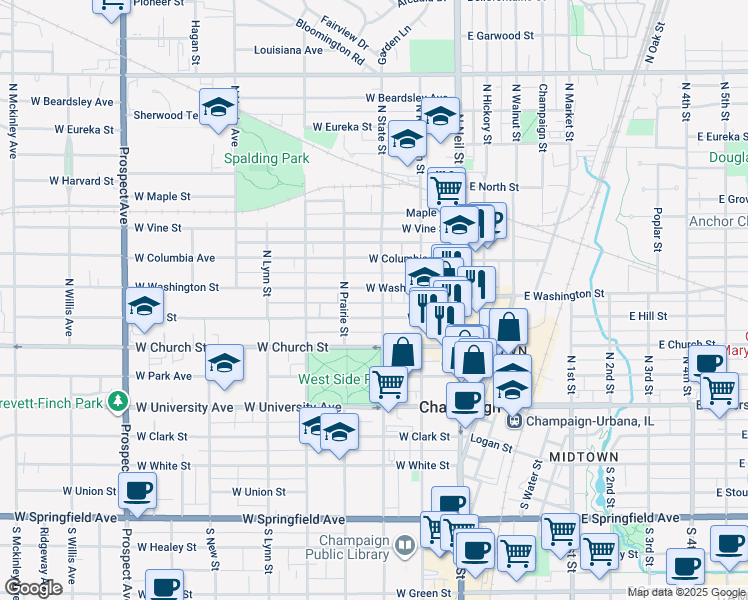 map of restaurants, bars, coffee shops, grocery stores, and more near 212 West Washington Street in Champaign