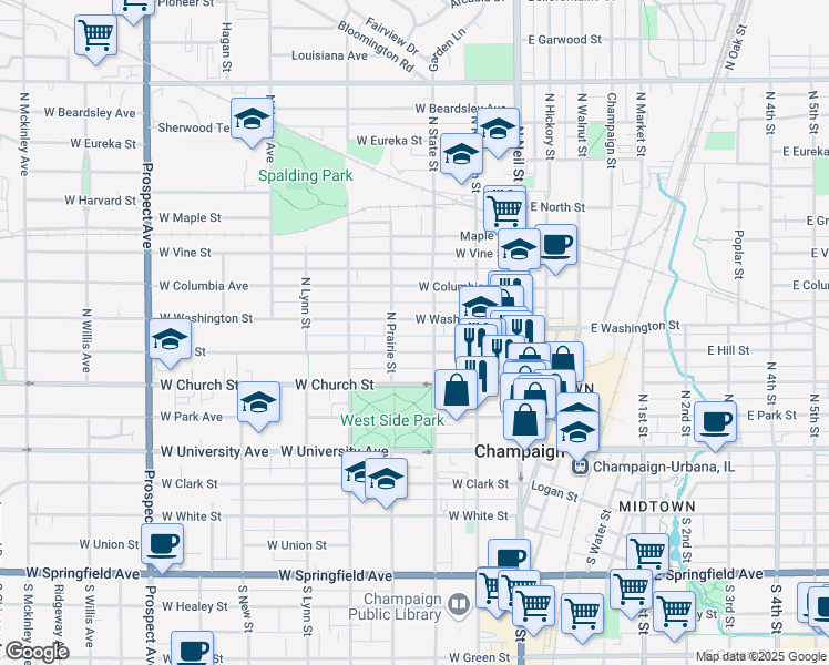 map of restaurants, bars, coffee shops, grocery stores, and more near 310 West Washington Street in Champaign