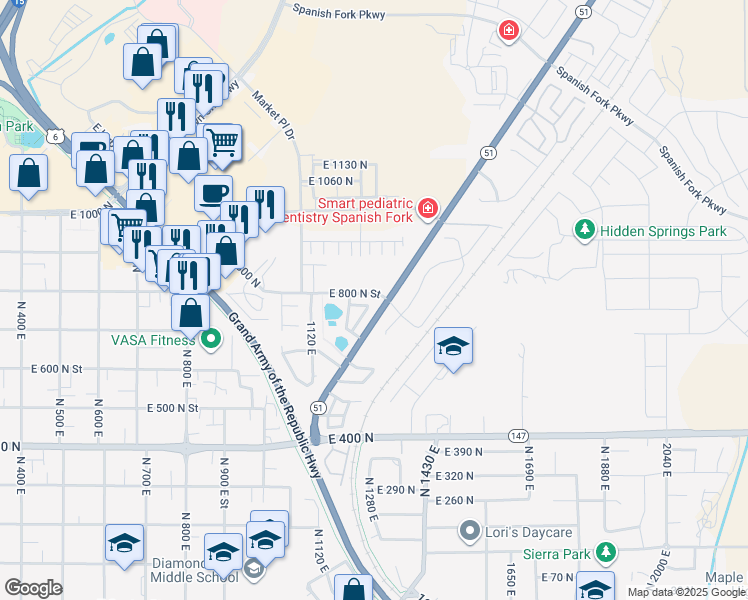 map of restaurants, bars, coffee shops, grocery stores, and more near 1256 East 800 North in Spanish Fork