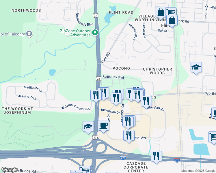 map of restaurants, bars, coffee shops, grocery stores, and more near Great Lawn Way in Columbus