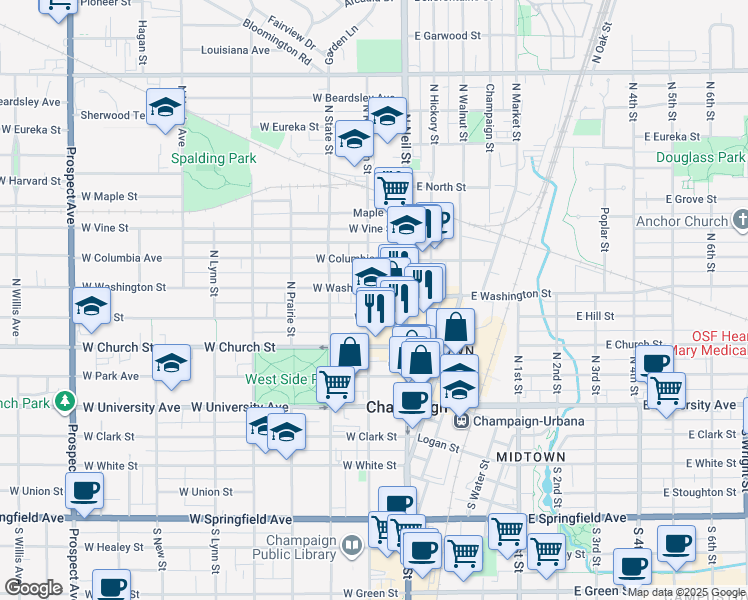 map of restaurants, bars, coffee shops, grocery stores, and more near 503 North Randolph Street in Champaign